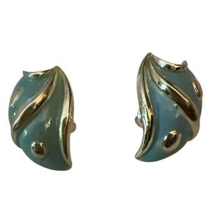 Vintage Aqua Blue & Gold Swirl Enamel Clip-On Earrings